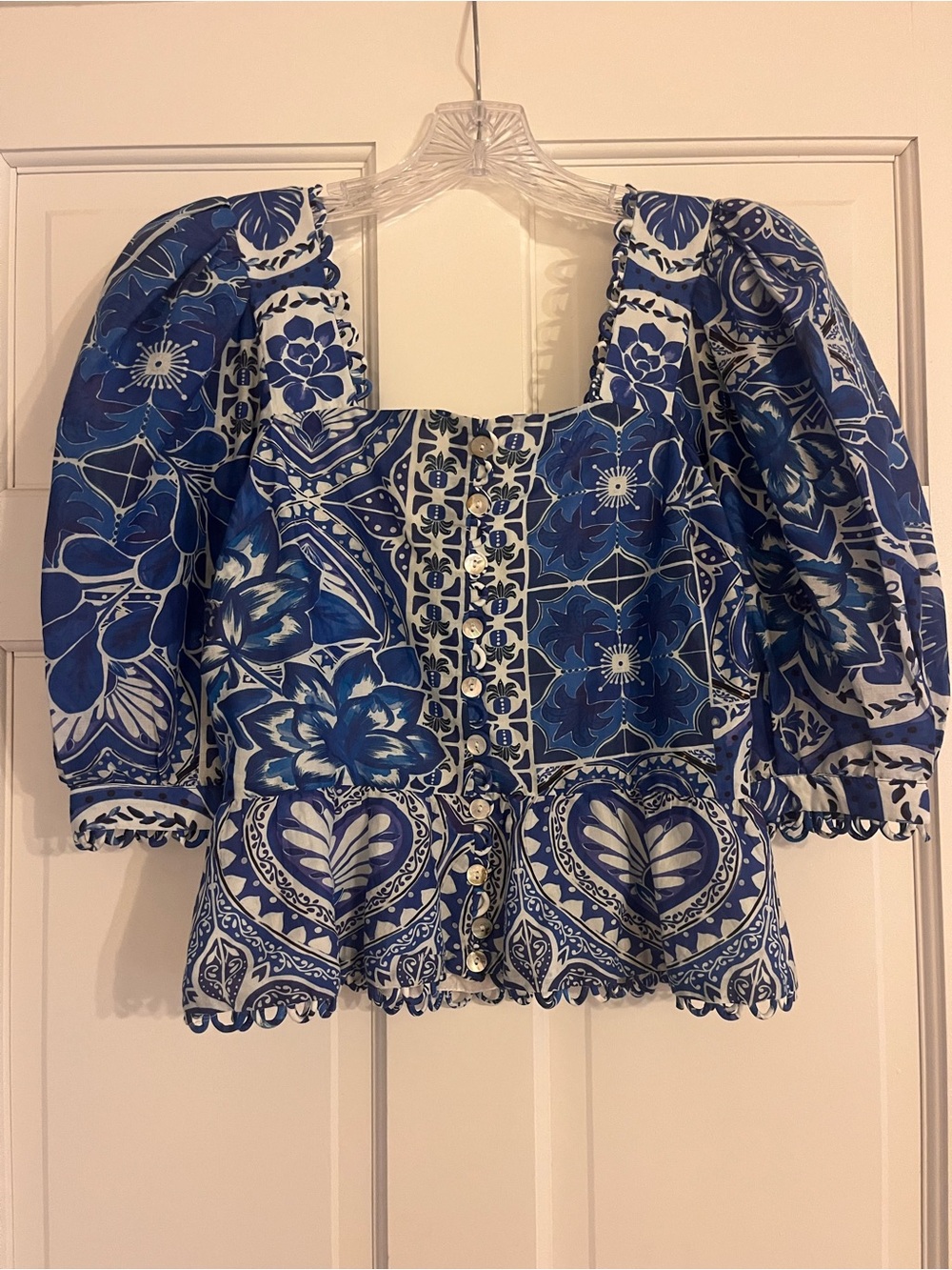 FARM Rio Blue & White Printed Puff-Sleeve Peplum Top